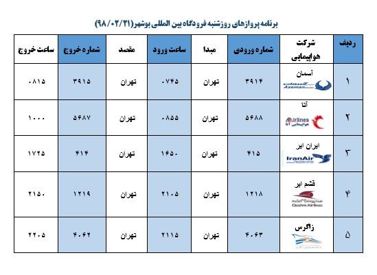 جدول پروازهای فرودگاه بوشهر