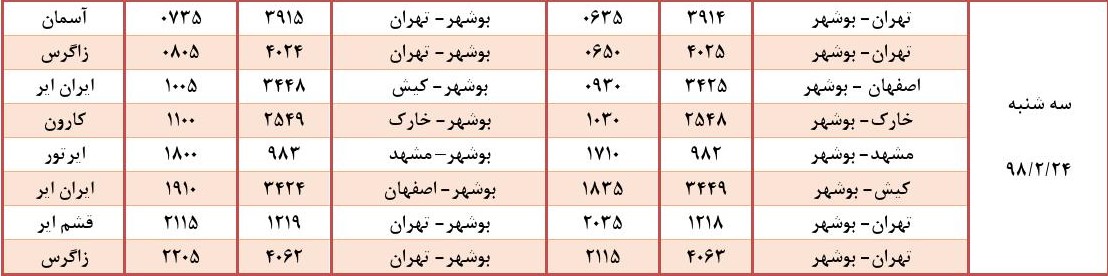 جدول پروازهای فرودگاه بوشهر