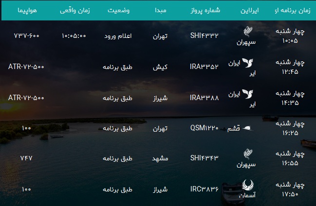 پرواز&zwnj;های فرودگاه بندرعباس چهارشنبه ۲۵ اردیبهشت سال ۹۸