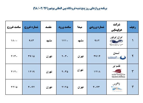 جدول پروازهای فرودگاه بوشهر