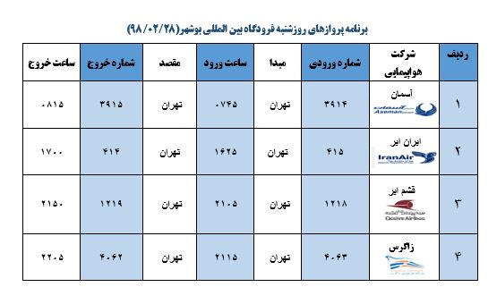 جدول پروازهای فرودگاه بوشهر