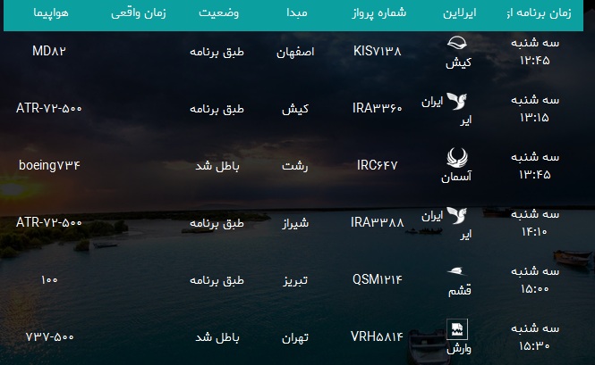 پرواز&zwnj;های فرودگاه بندرعباس سه شنبه ۳ اردیبهشت سال ۹۸