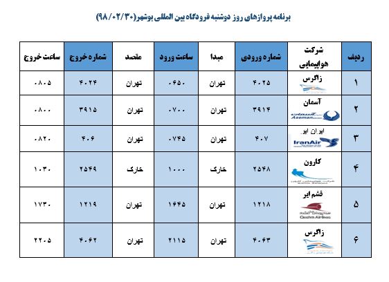 جدول پروازهای فرودگاه بوشهر