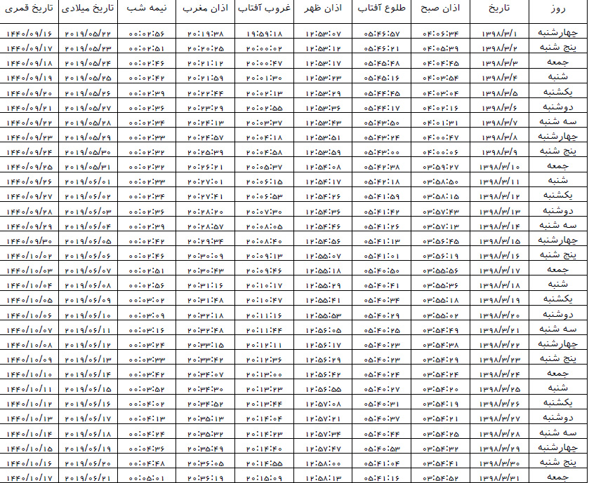 اوقات شرعی خرداد ماه سمنان ١٣٩٨