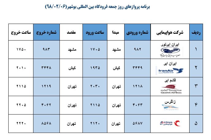 جدول پروازهای فرودگاه بوشهر
