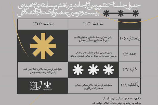 برگزاری جلسات نقد آثار &laquo;مسابقه صحنه&raquo; جشنواره تئاتر دانشگاهی