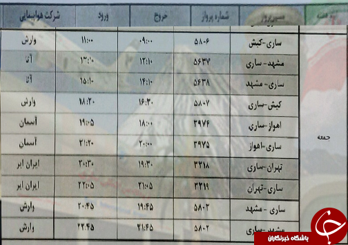 پرواز&zwnj;های جمعه ۶ اردیبهشت ماه فرودگاه&zwnj;های مازندران
