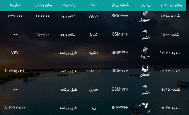 پرواز&zwnj;های فرودگاه بندرعباس شنبه ۷ اردیبهشت سال ۹۸