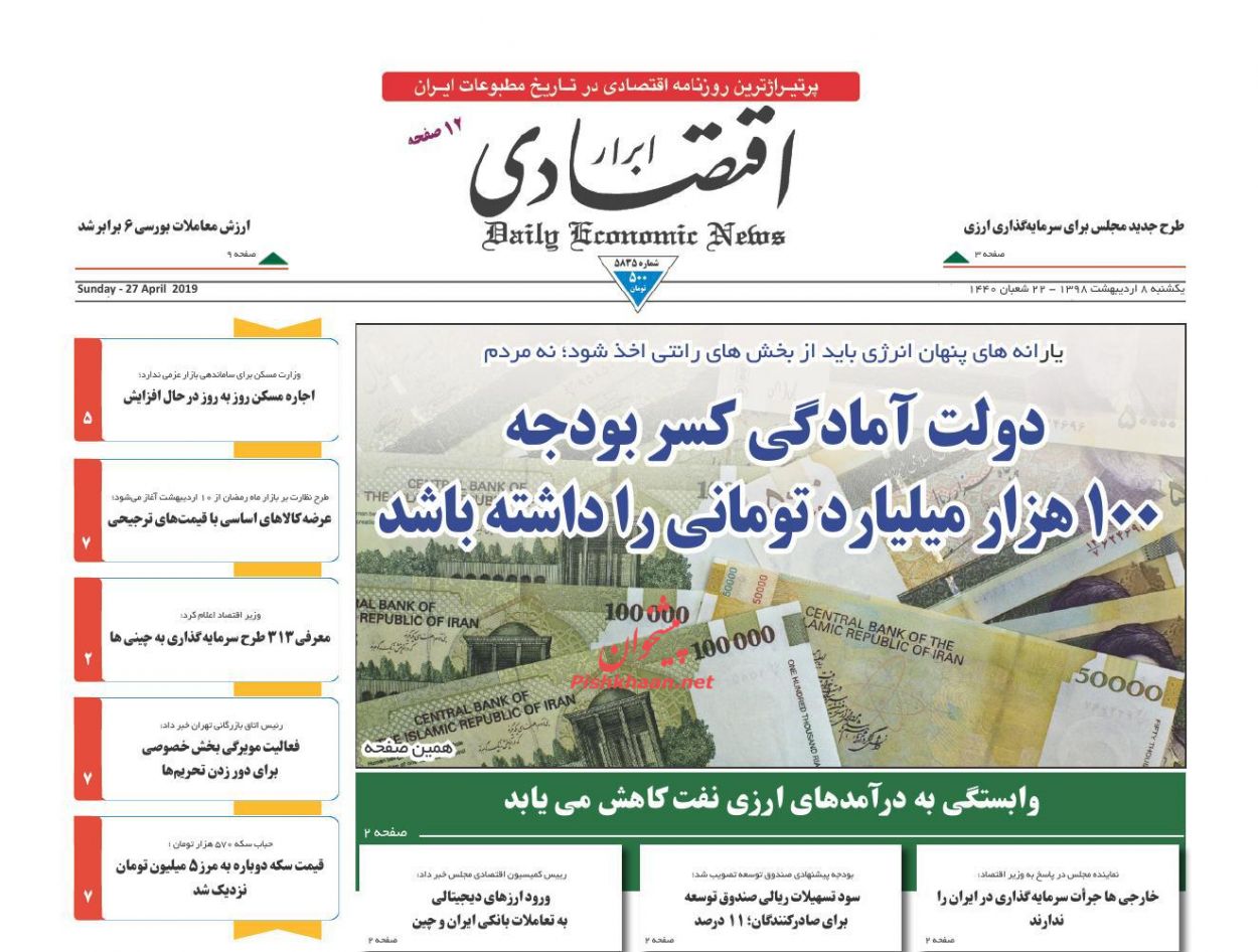 صفحه نخست روزنامه&zwnj;های اقتصادی 8 اردیبهشت ماه