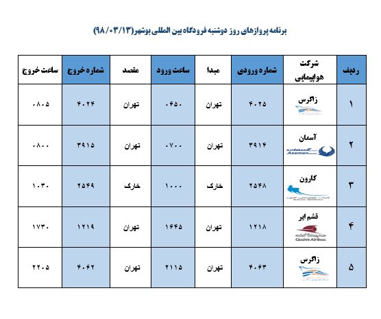 جدول پروازهای فرودگاه بوشهر