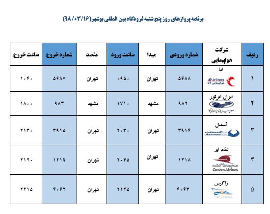 جدول پروازهای فرودگاه بوشهر
