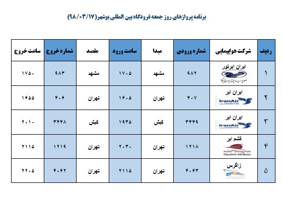 جدول پروازهای فرودگاه بوشهر