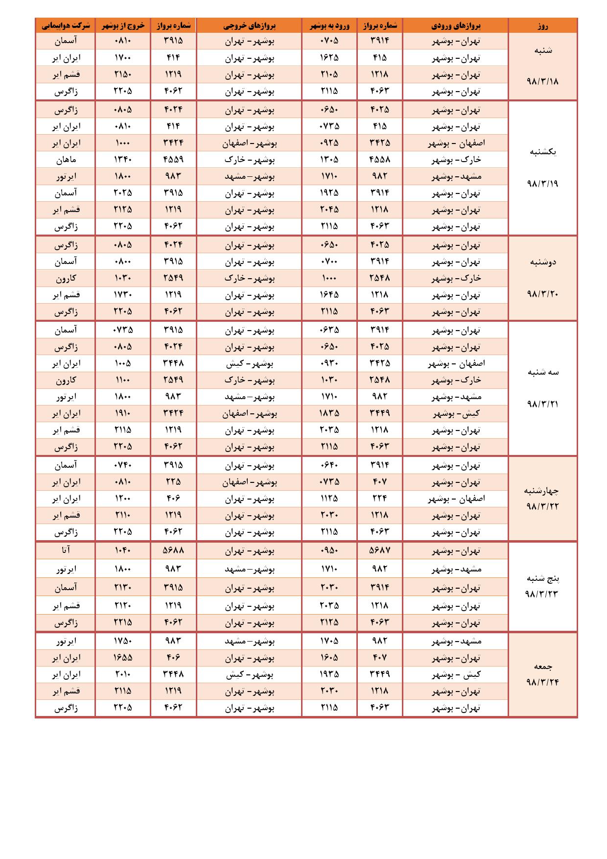 برنامه پروازی فرودگاه بوشهر