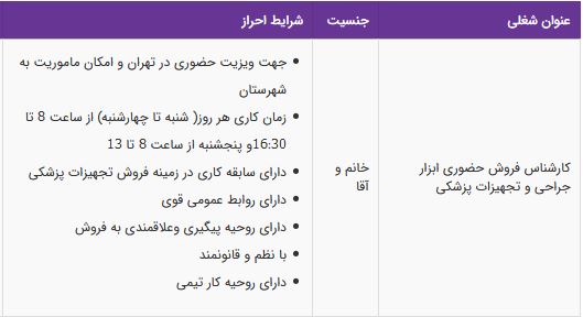 استخدام کارشناس فروش حضوری ابزار جراحی و تجهیزات پزشکی-تهران