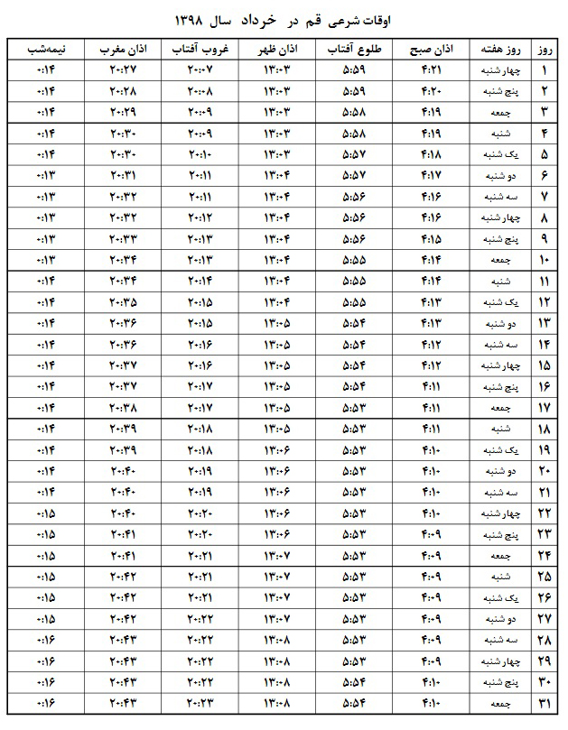 اوقات شرعی خرداد ۱۳۹۸ استان قم