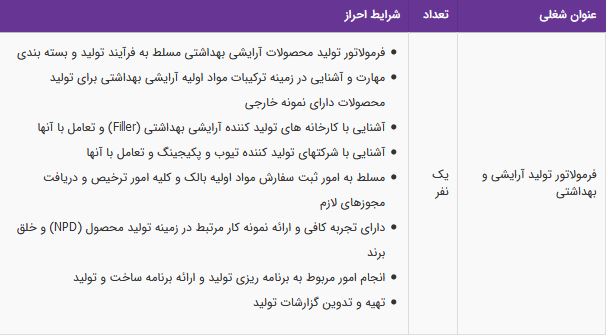 استخدام فرمولاتور تولید آرایشی و بهداشتی در تهران