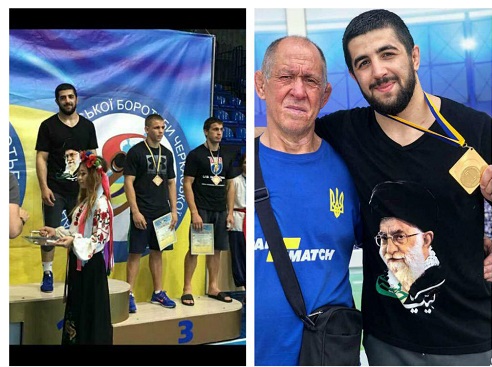 تصویر رهبرانقلاب روی پیراهن قهرمان اوکراینی /قرار گرفتن بر روی سکوی قهرمانی با پیراهن منقش به تصویر مقام معظم رهبری در اوکراین +عکس