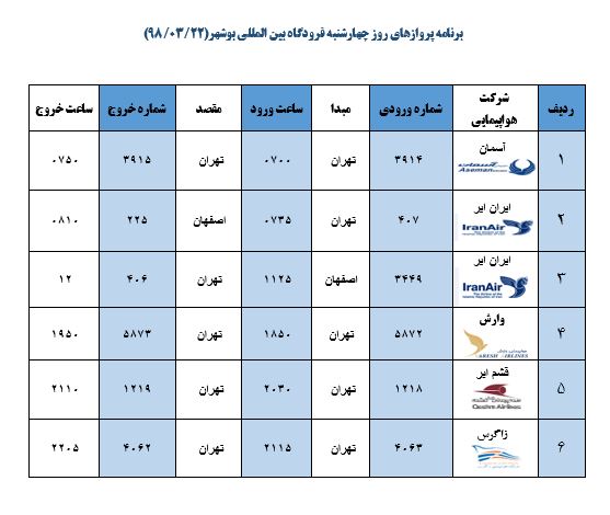 جدول پروازهای فرودگاه بوشهر