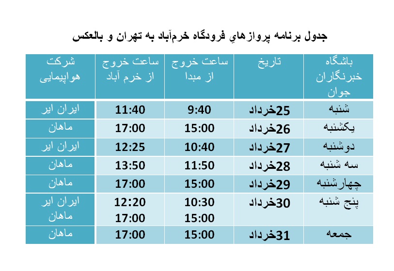 برنامه پرواز‌های فرودگاه خرم‌آباد از ۲۵ تا ۳۱ خرداد ماه