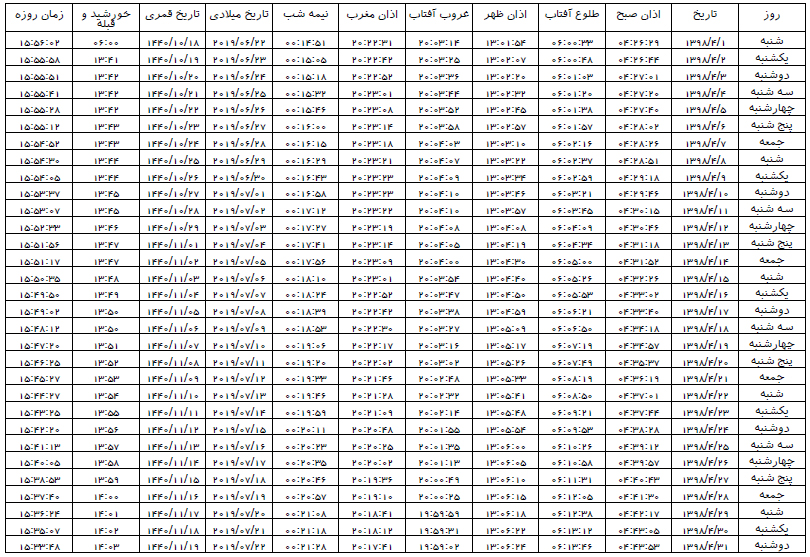 اوقات شرعی شیراز در تیر ماه سال ۱۳۹۸