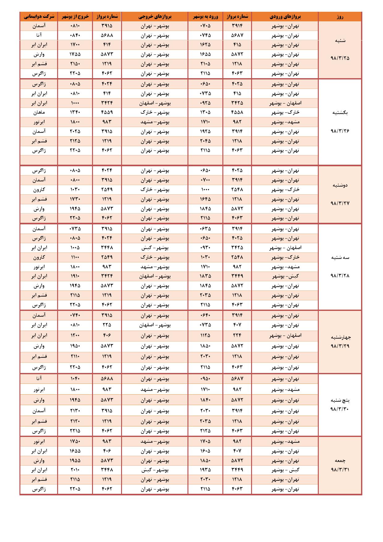 برنامه پروازی فرودگاه بوشهر