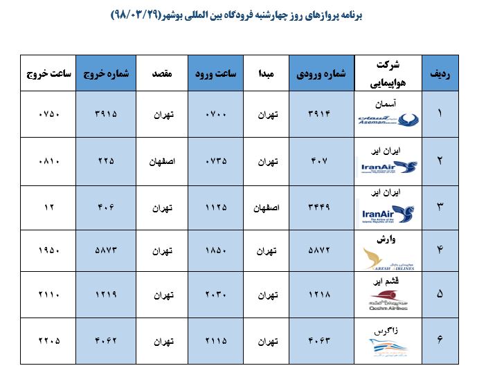 جدول پروازهای فرودگاه بوشهر