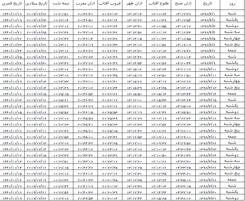اوقات شرعی تیرماه ۹۸ به افق اراک