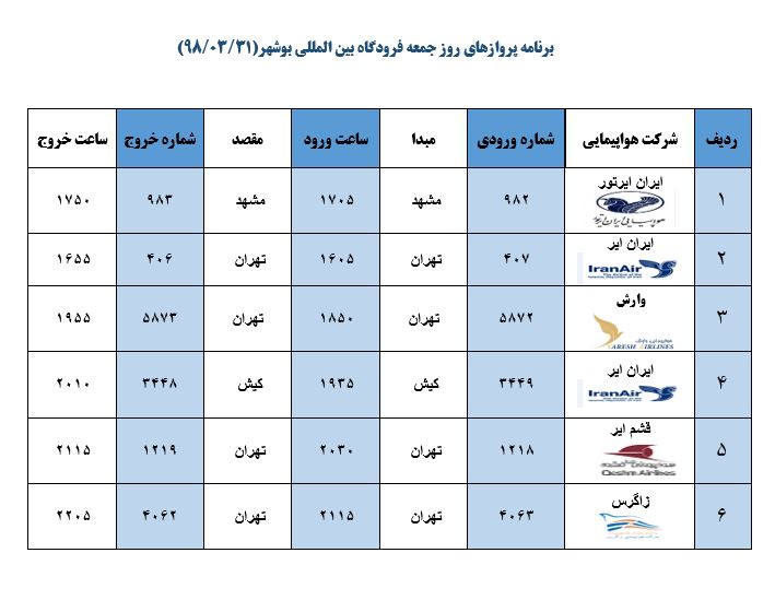 جدول پروازهای فرودگاه بوشهر