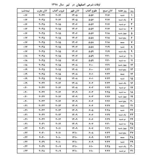 اوقات شرعی اصفهان تیر سال ۹۸