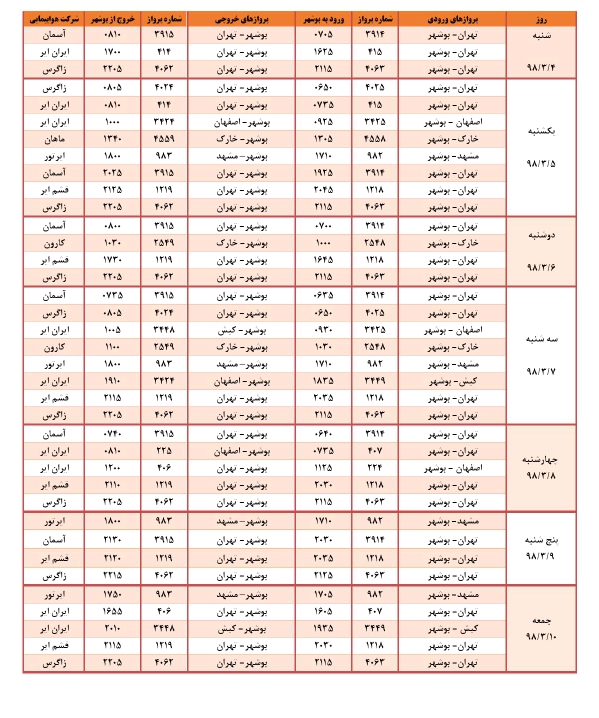 جدول پروازهای فرودگاه بوشهر