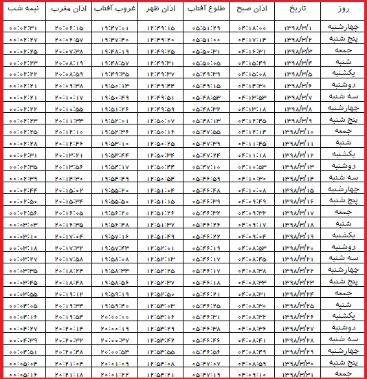 اوقات شرعی خردادماه ۹۸ به افق ساری