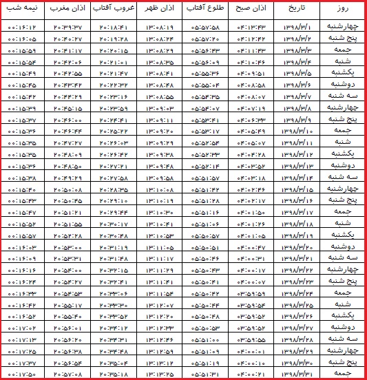 اوقات شرعی خردادماه ۹۸ به افق رشت
