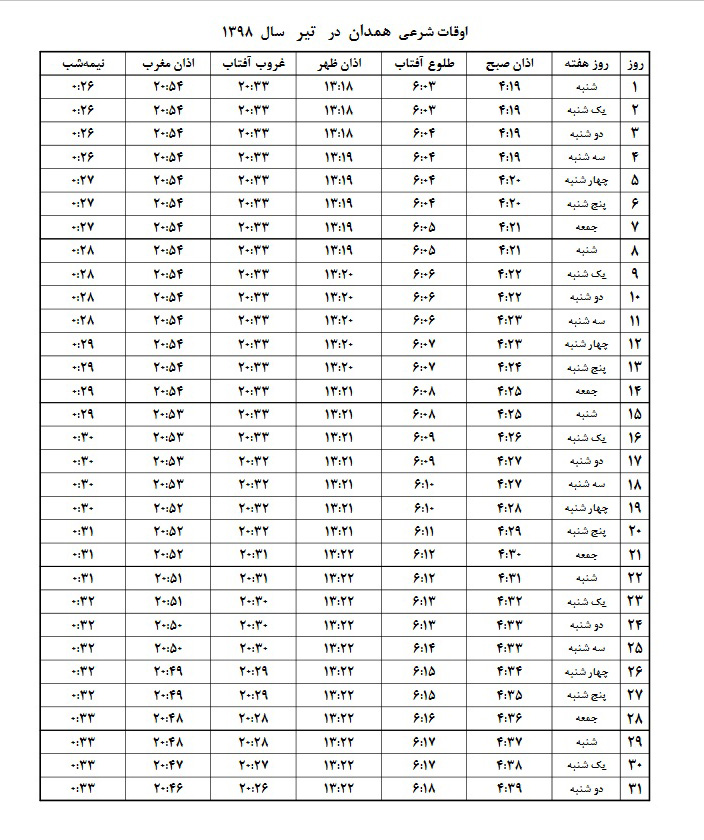 اوقات شرعی تیر ۱۳۹۸ استان کردستان