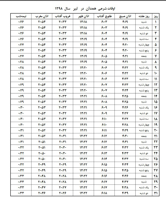 اوقات شرعی تیر ۱۳۹۸ استان همدان