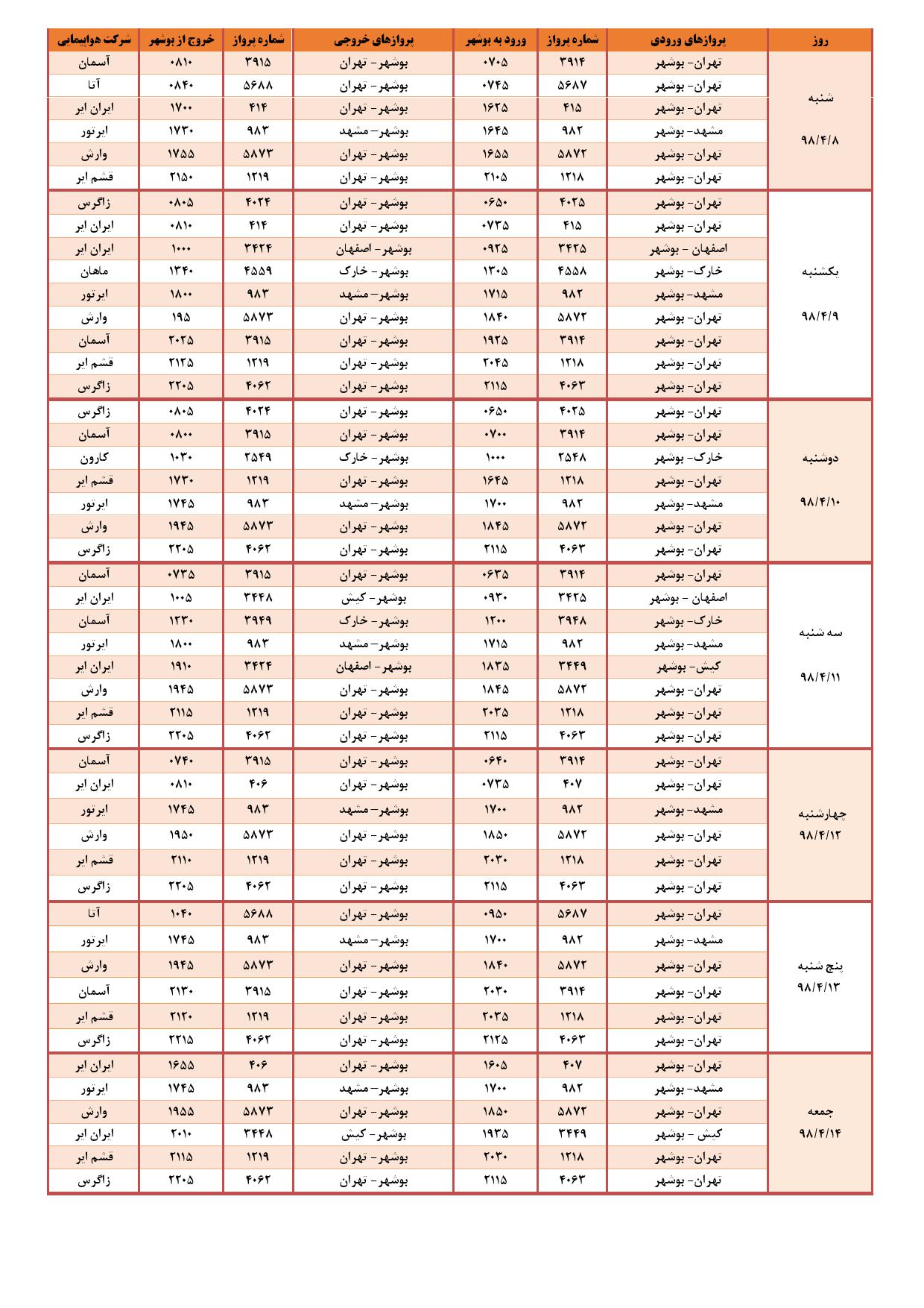 جدول پروازهای فرودگاه بوشهر