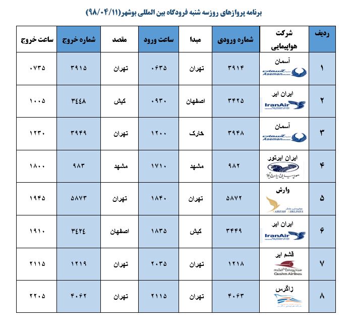 جدول پروازهای فرودگاه بوشهر