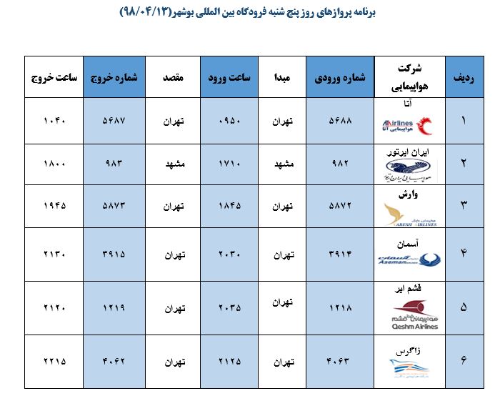 جدول پروازهای فرودگاه بوشهر