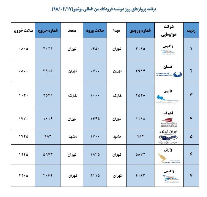 برنامه پروازهای فرودگاه بوشهر