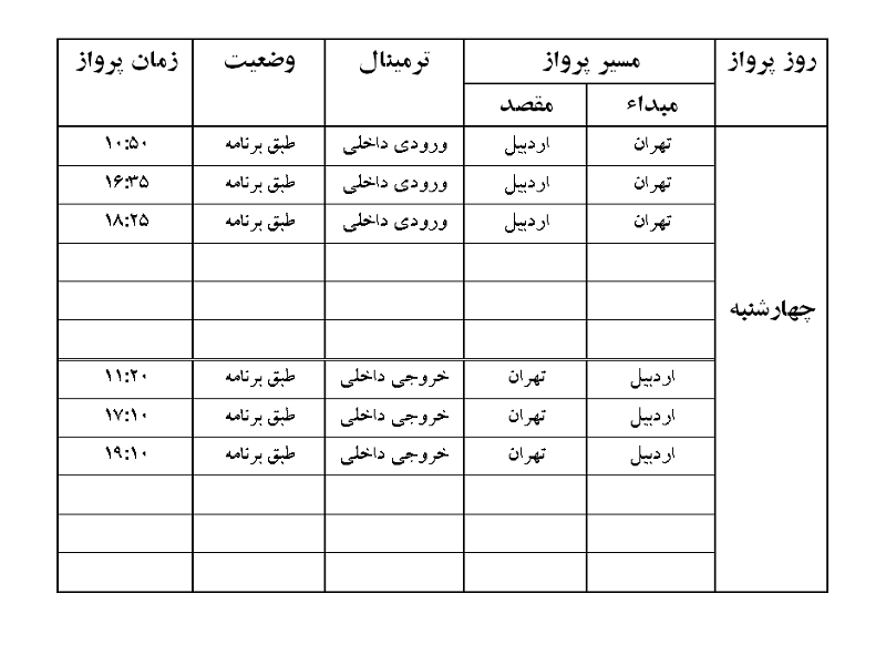 پرواز&zwnj;های فرودگاه اردبیل چهارشنبه ۱۹ تیر ماه