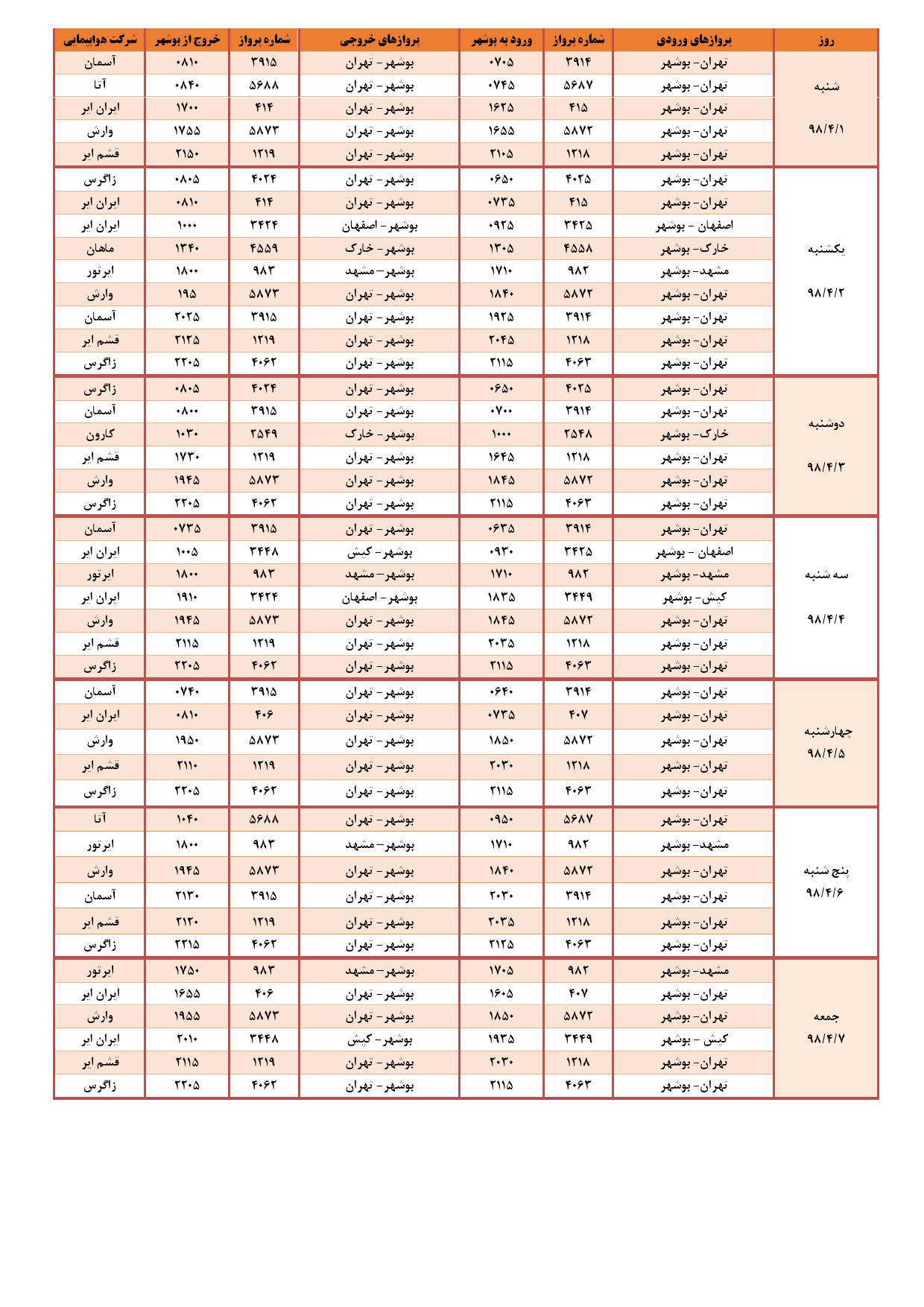 جدول پروازهای فرودگاه بوشهر