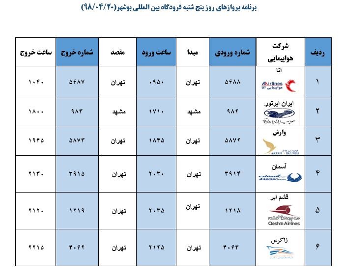 جدول پروازهای فرودگاه بوشهر