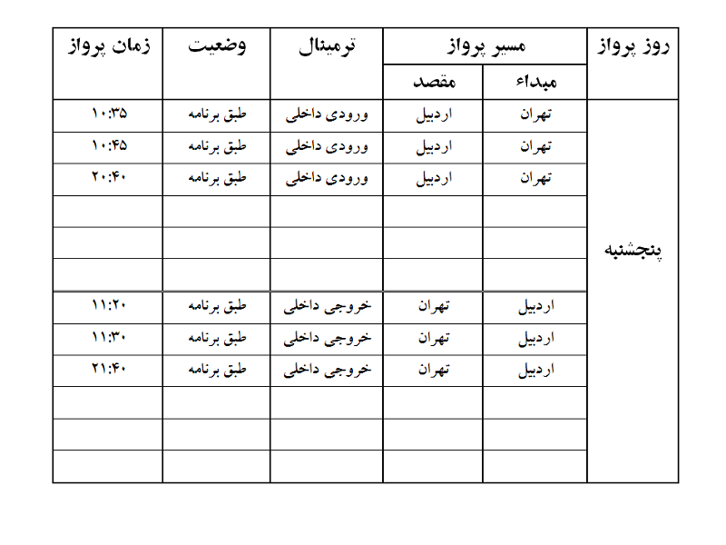 پرواز&zwnj;های فرودگاه اردبیل پنجشنبه ۲۰ تیر ماه