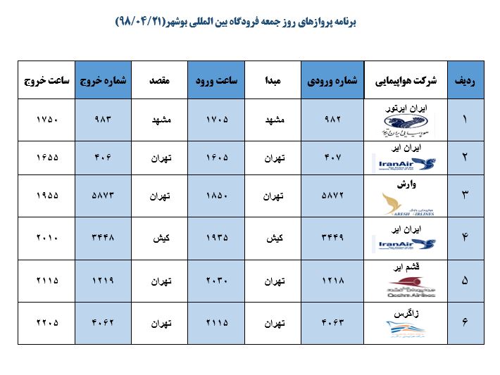 جدول پروازهای فرودگاه بوشهر