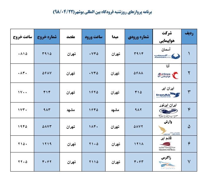 جدول پروازهای فرودگاه بوشهر