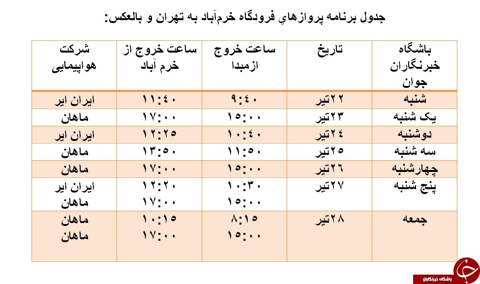برنامه پرواز&zwnj;های فرودگاه خرم&zwnj;آباد از ۲۲ تا ۲۸ تیرماه