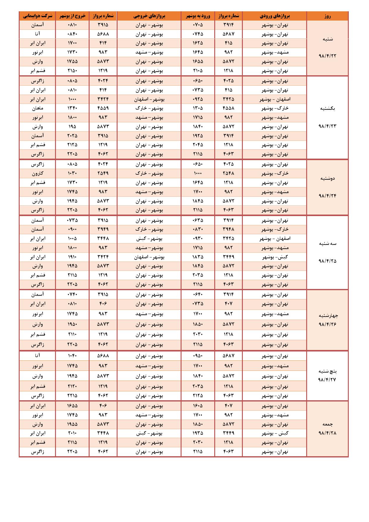 برنامه پروازهای فرودگاه بوشهر