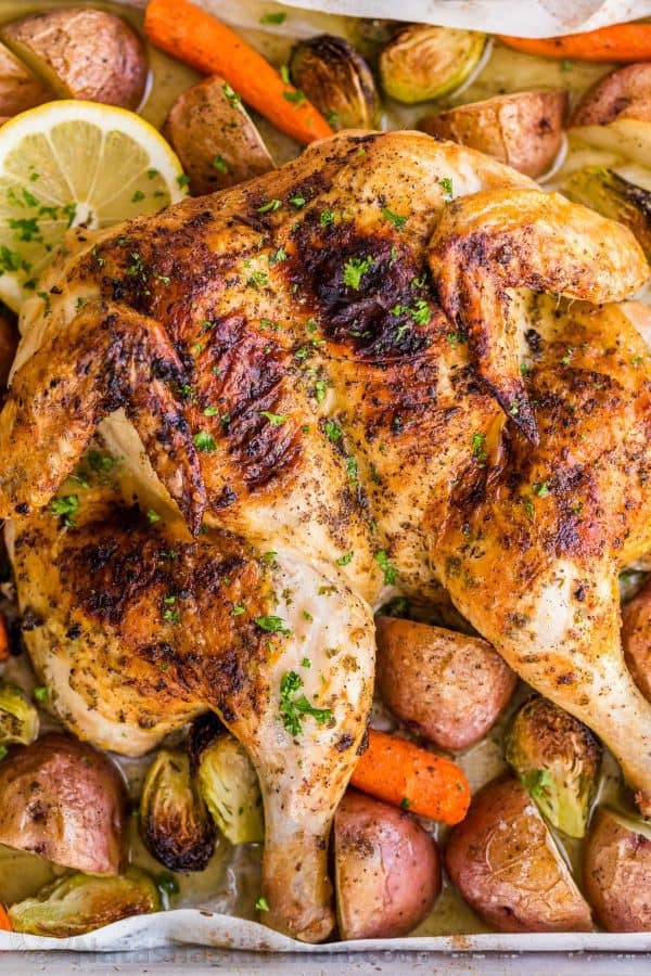 کباب مرغ در فر با مرغ کامل و طعم دار شده به همراه سبزیجات برشته + دستور تهیه