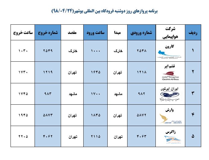 جدول پروازهای فرودگاه بوشهر