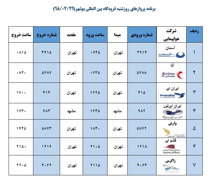 برنامه پروازی فرودگاه بوشهر