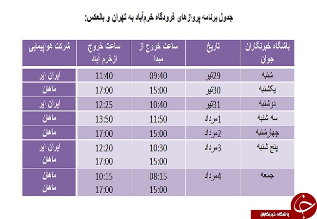 برنامه پرواز‌های فرودگاه خرم‌آباد از ۲۹ تیرتا ۴ مردادماه